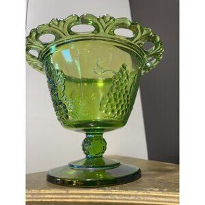 Vintage  5" Small Compote- Carnival Glass-Iridescent Green-Grape Pattern-EUC